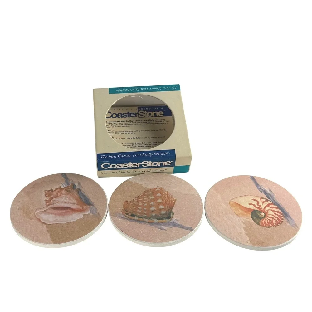 Vintage CoasterStone 3 Pc Sandstone Coaster Set Seashell Nautical Beach House 4